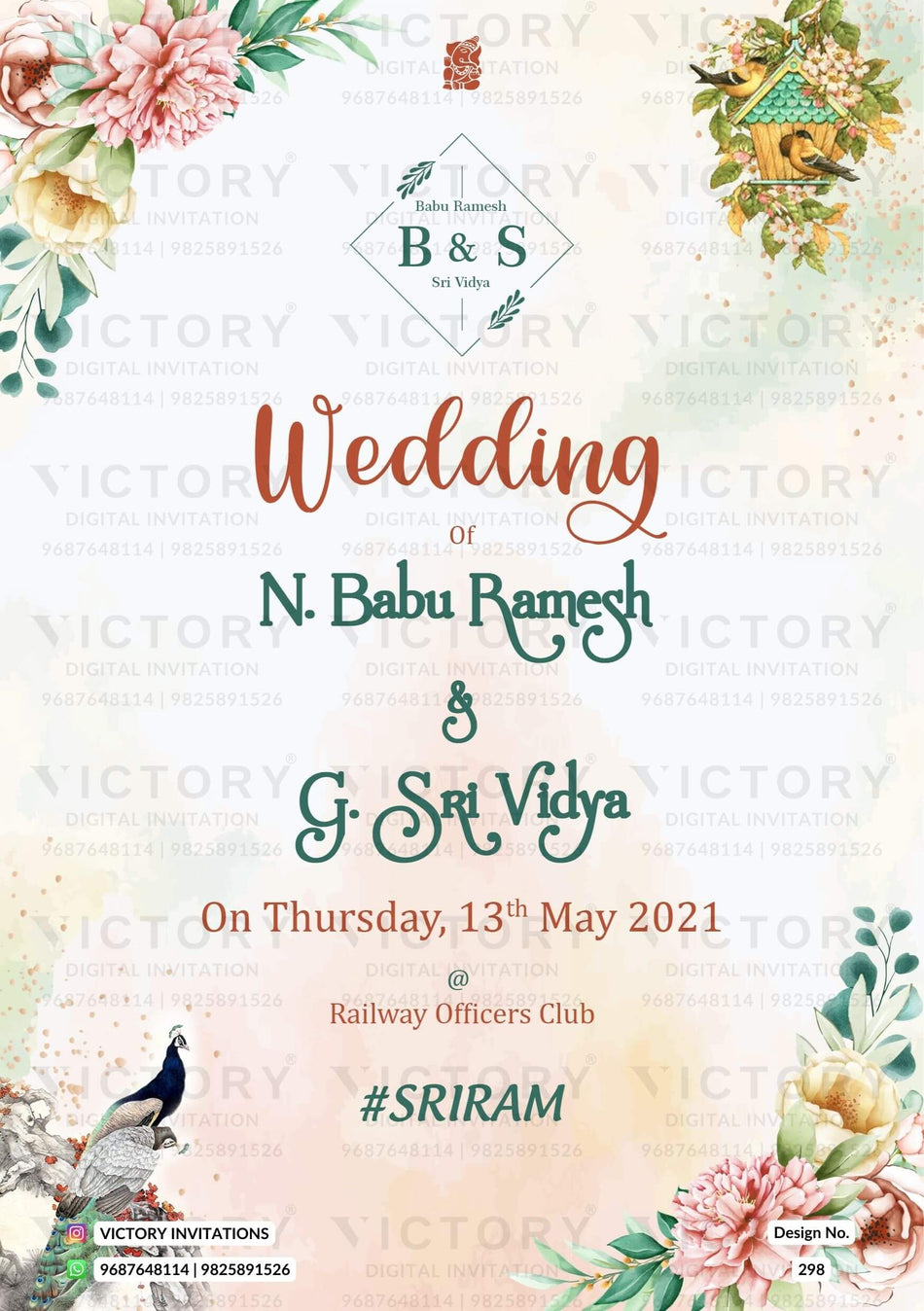 Wedding ceremony invitation card of hindu south indian telugu family in English language with floral theme design 298