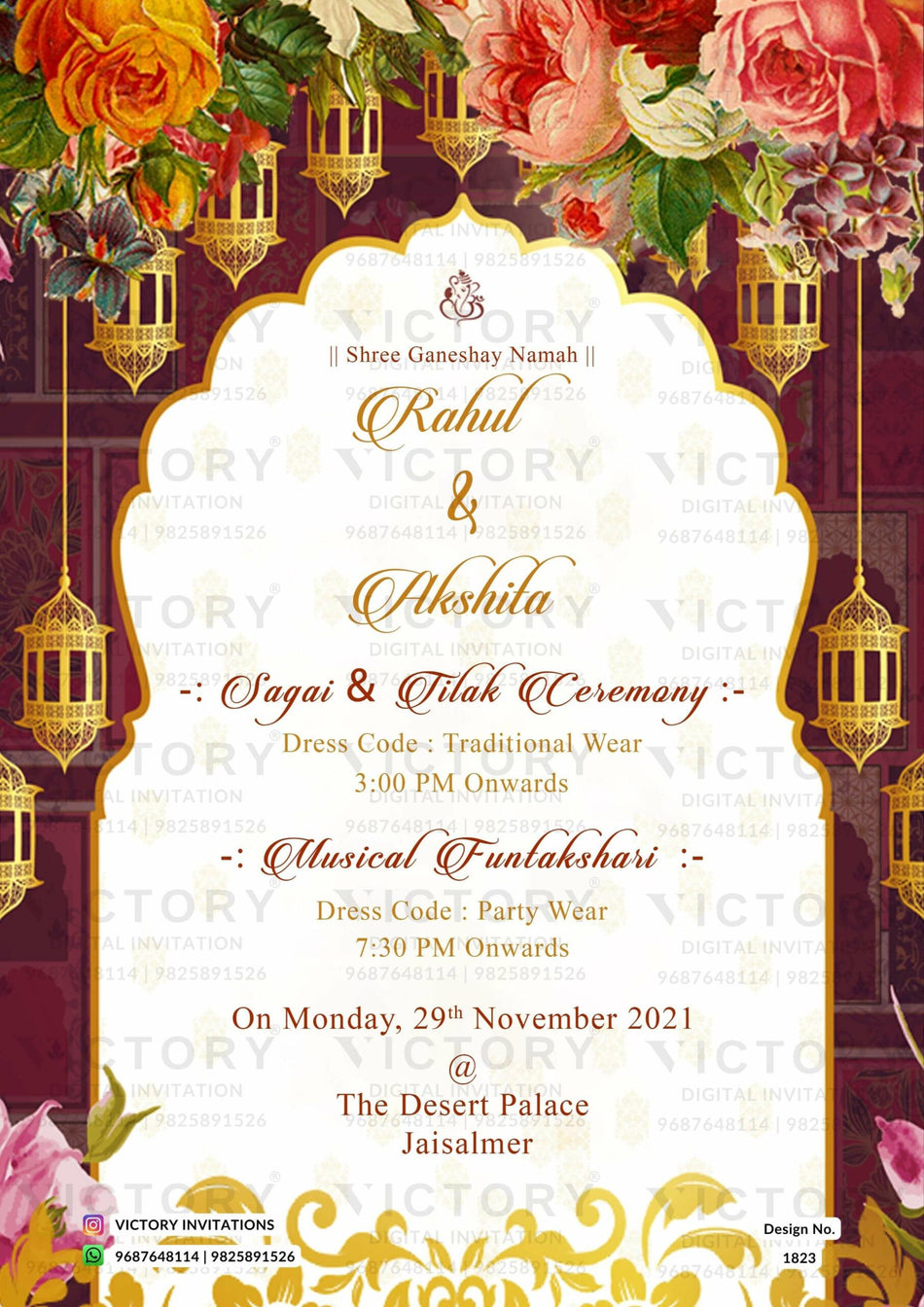 Wedding ceremony invitation card of hindu rajasthani rajput family in English language with floral theme design 1823