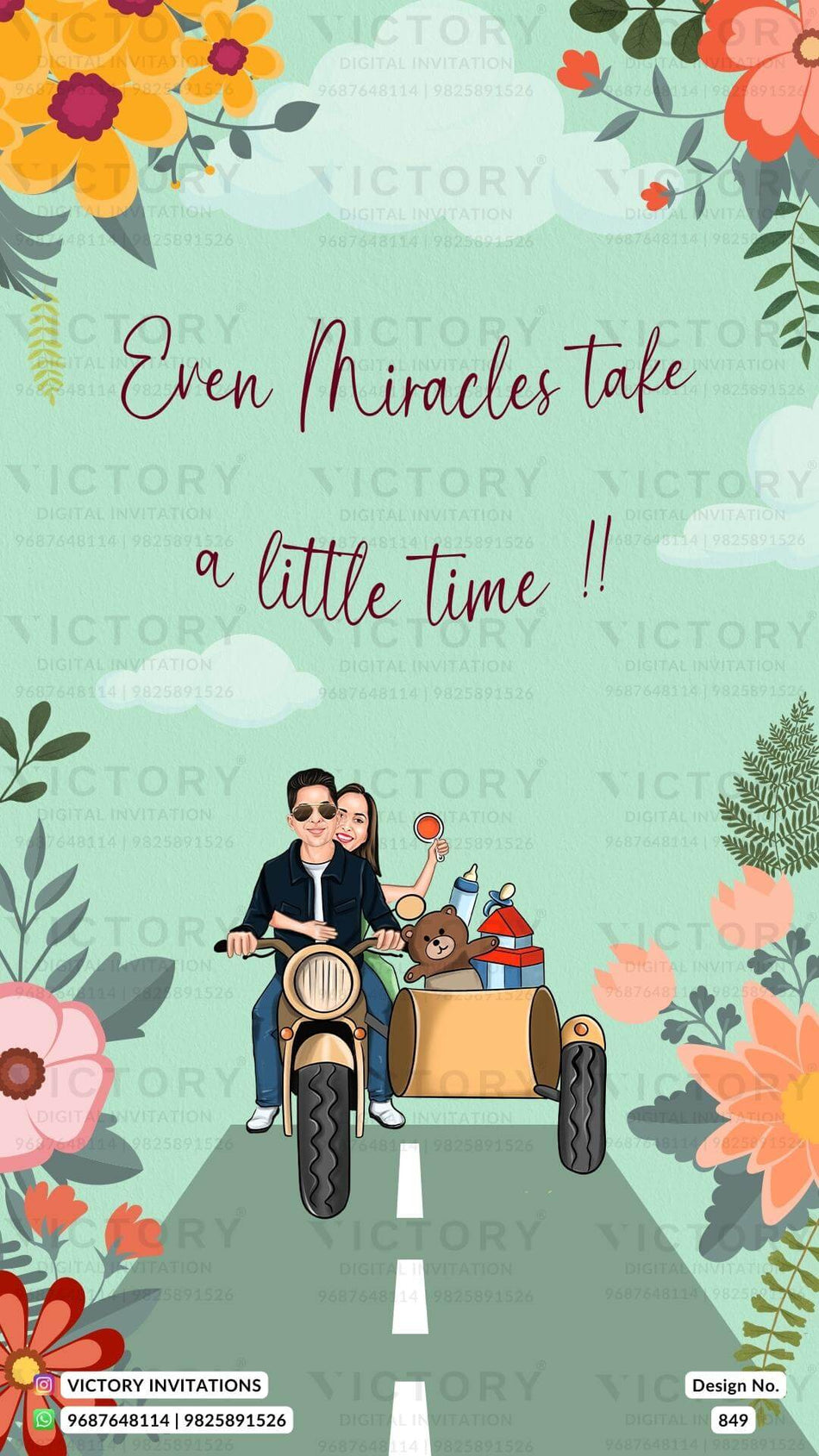Sitting romantic couple caricature invitation card for Baby Shower ceremony in English language with flowers, toy as floral theme design 849