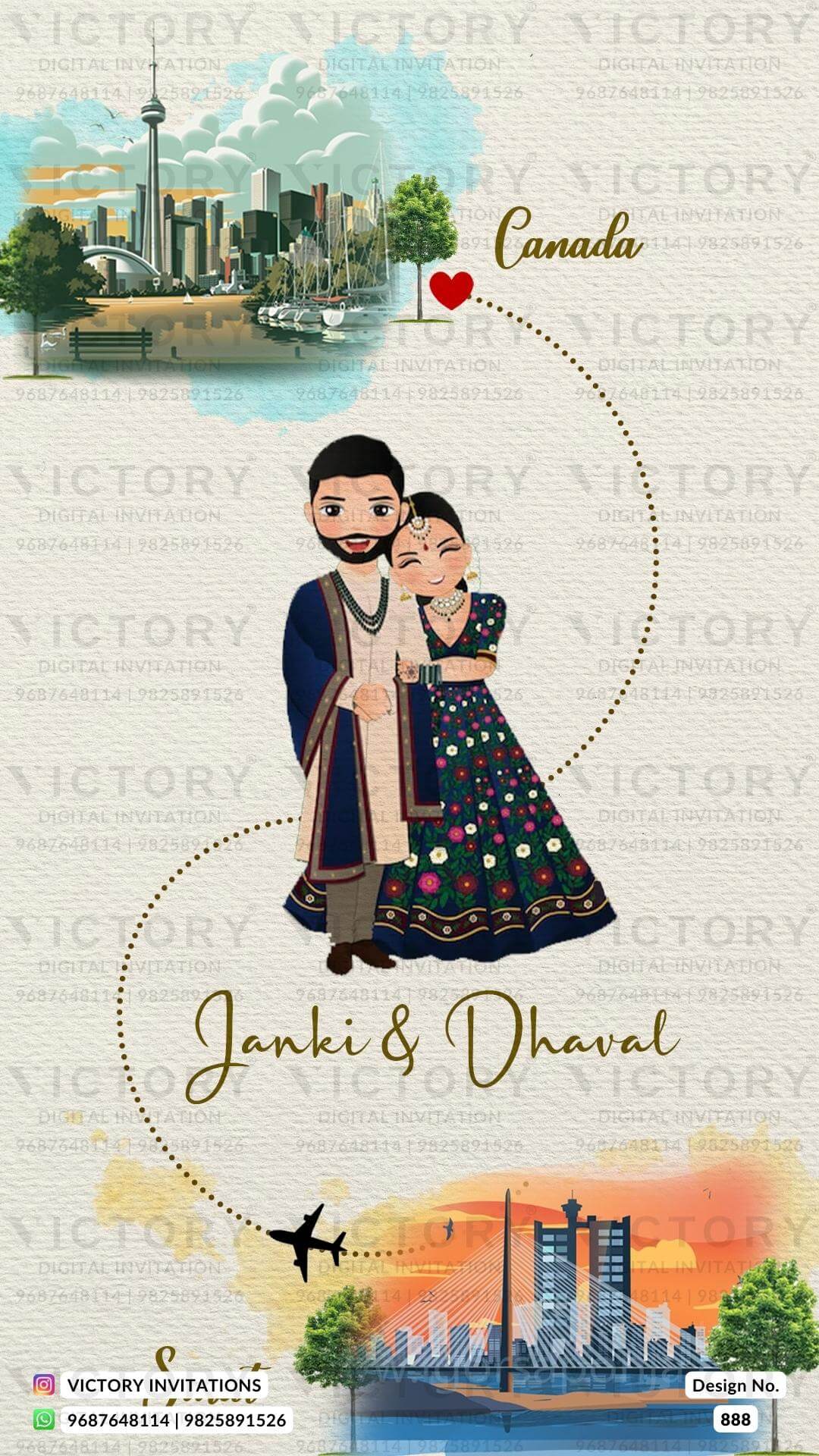 Wedding ceremony invitation card of hindu gujarati patel family in Gujarati language with two countries theme design 888