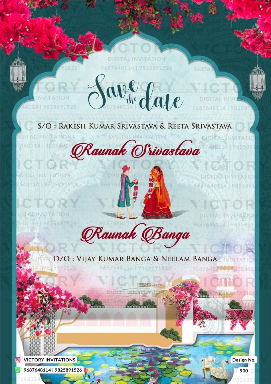 Wedding ceremony invitation card of hindu maharashtrian marathi family in English language with arch theme design 900