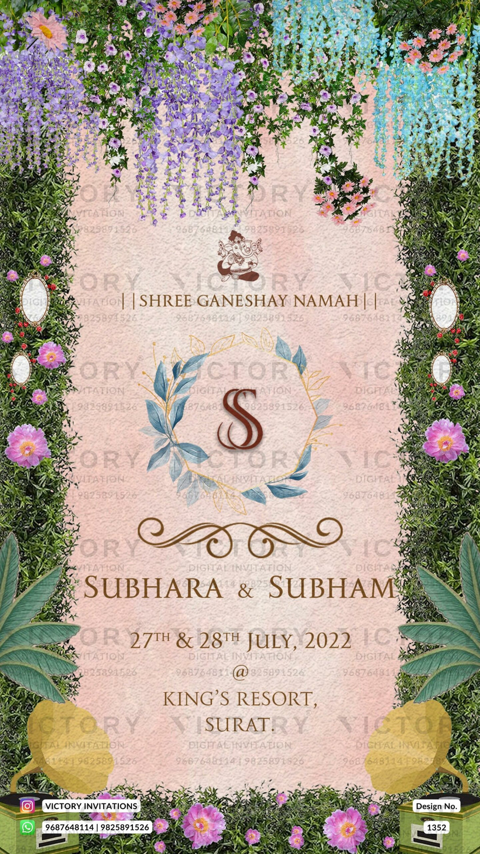 Wedding ceremony invitation card of hindu gujarati patel family in English language with Floral theme design 1352