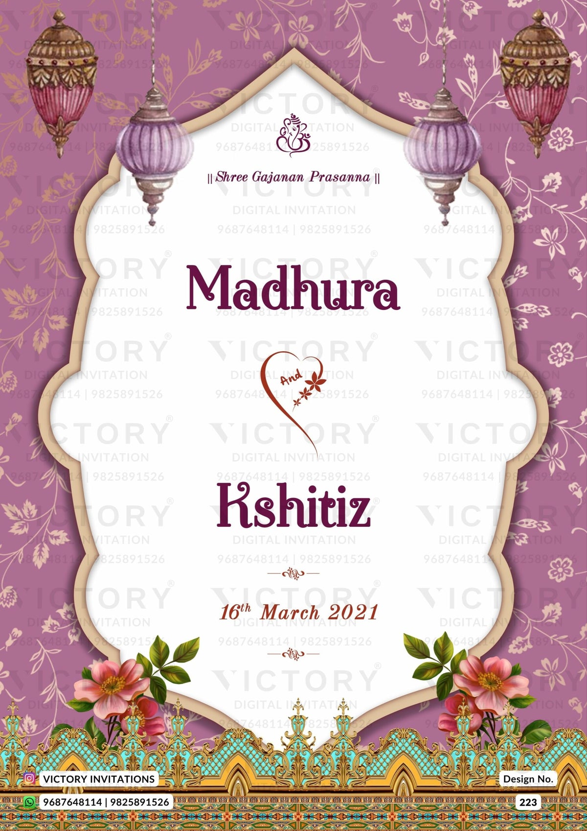 Wedding ceremony invitation card of hindu maharashtrian marathi family in english language with traditional arch theme design 223