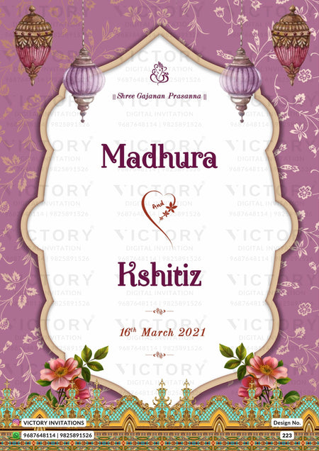 Wedding ceremony invitation card of hindu maharashtrian marathi family in english language with traditional arch theme design 223