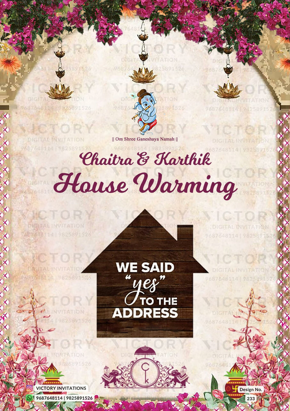 House Warming ceremony invitation card in english language with couple logo, flowers as gate theme design 233
