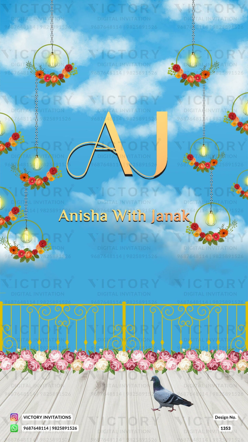 Sitting Delightful couple caricature invitation card for wedding ceremony of hindu gujarati kathiyawadi family in english language with Traditional theme design 1353
