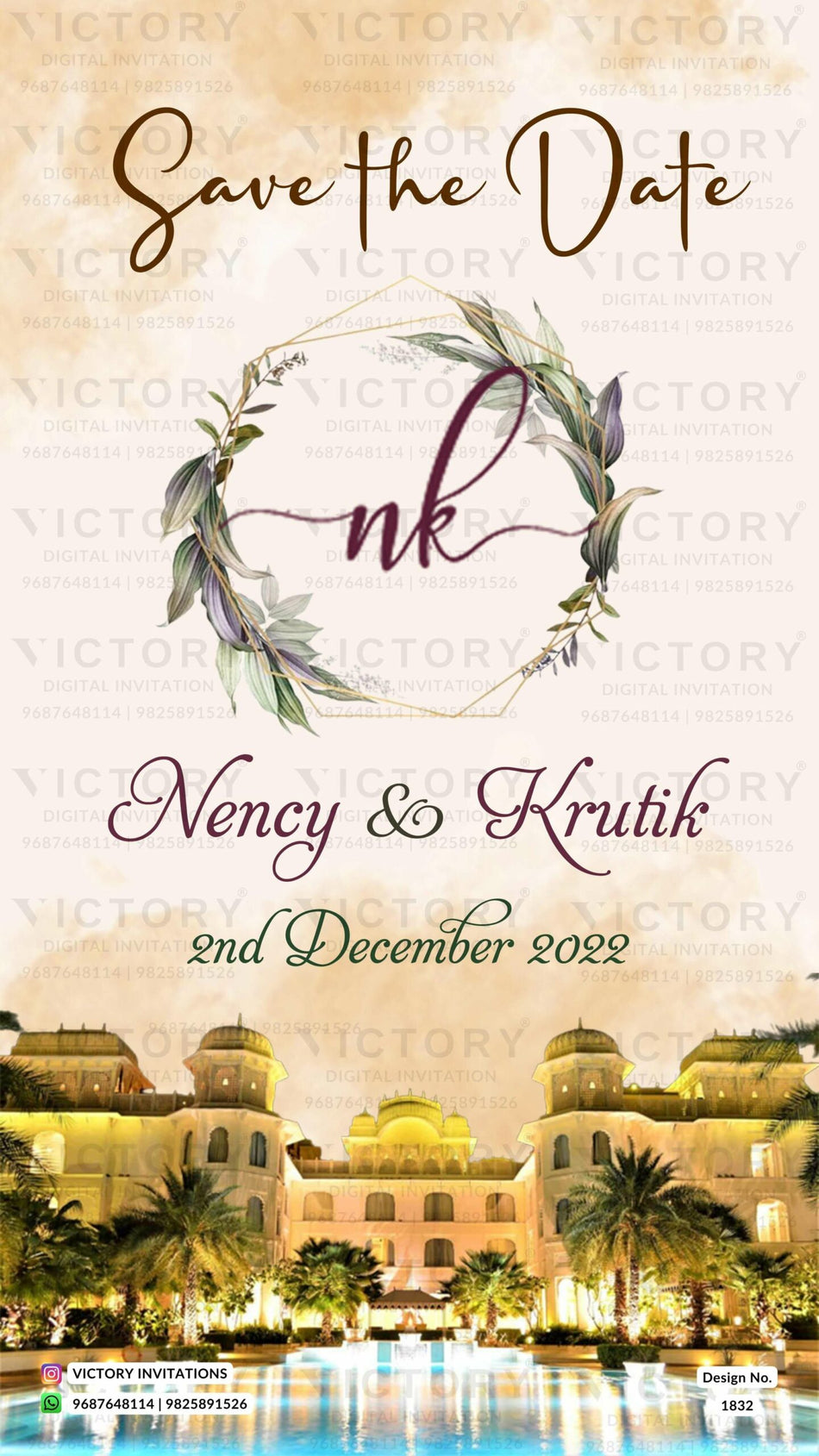 Wedding ceremony invitation card of hindu gujarati patel family in English language with Royal theme design 1832