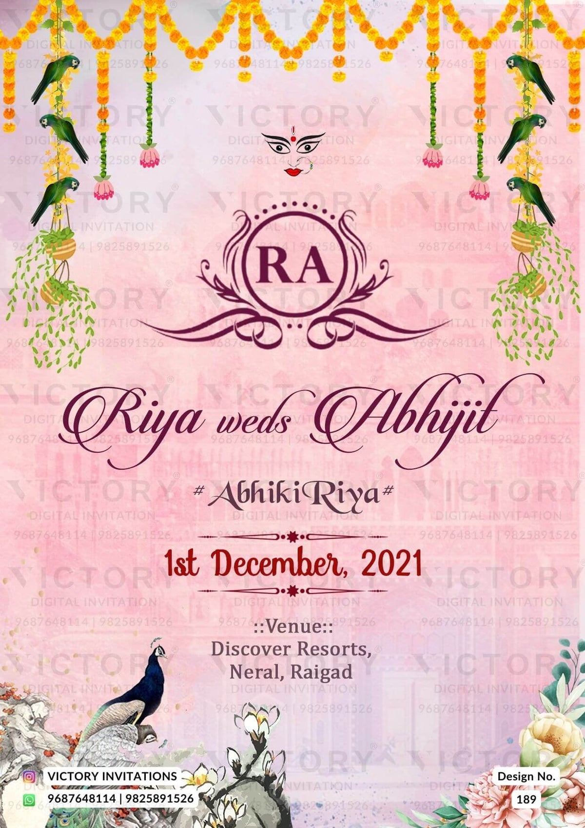 Wedding ceremony invitation card of hindu west bengal bengali family in English language with floral theme design 189