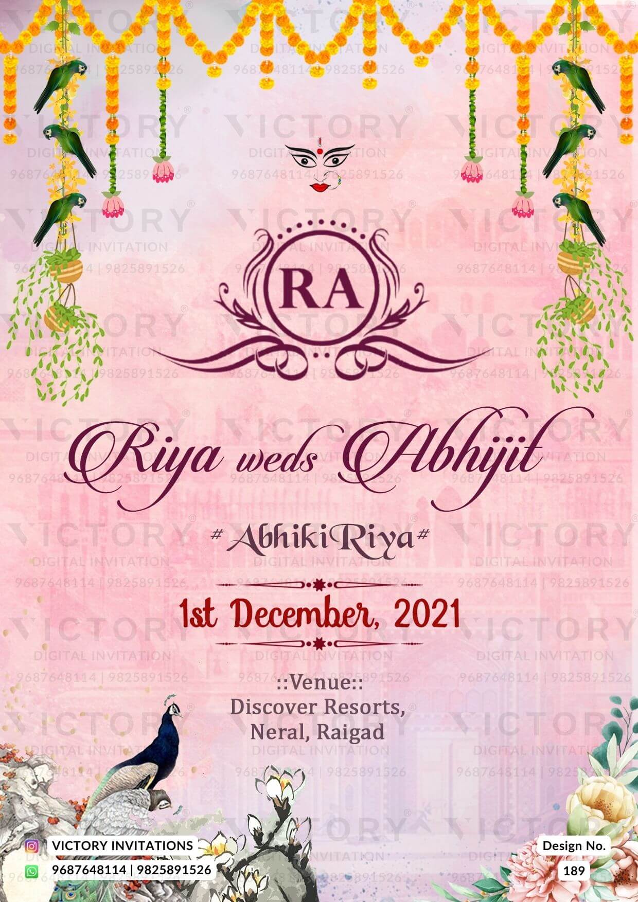 Wedding ceremony invitation card of hindu west bengal bengali family in English language with floral theme design 189
