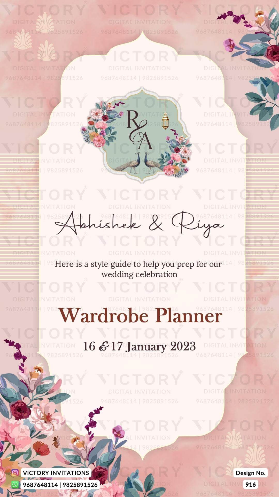Wardrobe planner invitation card in english language with couple doodle, flowers as arch theme design 916
