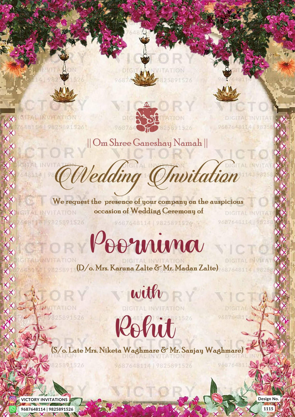 Wedding ceremony invitation card of hindu maharashtrian marathi family in English language with traditional theme design 1115
