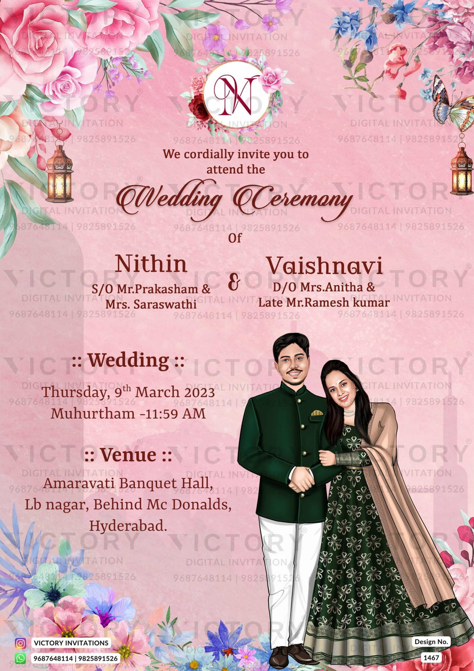 Romantic couple caricature invitation card for wedding ceremony of hindu south indian telugu family in english language with Floral theme design 1467