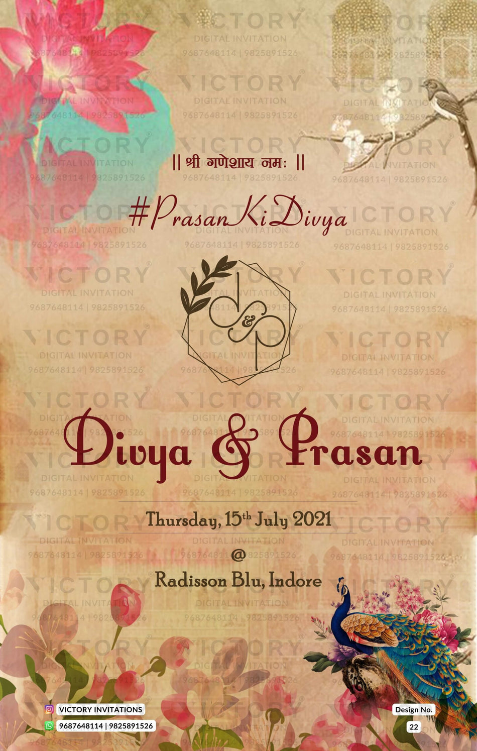 Digital Wedding Ceremony Invitation of India In English Language With Vintage Floral Theme Design No. 22