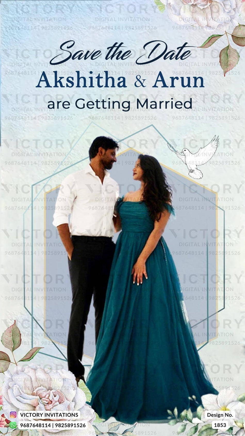 Wedding ceremony invitation card of hindu south indian telugu family in English language with couple photo theme design 1853