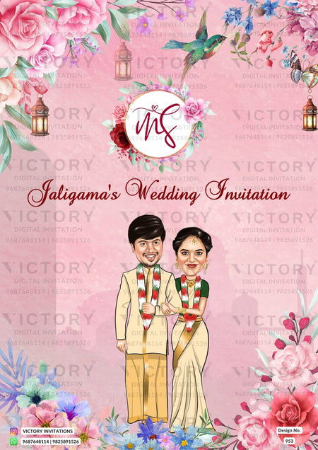 Romantic wedding couple caricature invitation card for wedding ceremony of hindu south indian telugu family in english language with Artistic flowers and banana leaves theme design 953