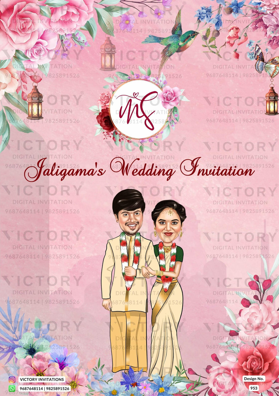 Romantic wedding couple caricature invitation card for wedding ceremony of hindu south indian telugu family in english language with Artistic flowers and banana leaves theme design 953