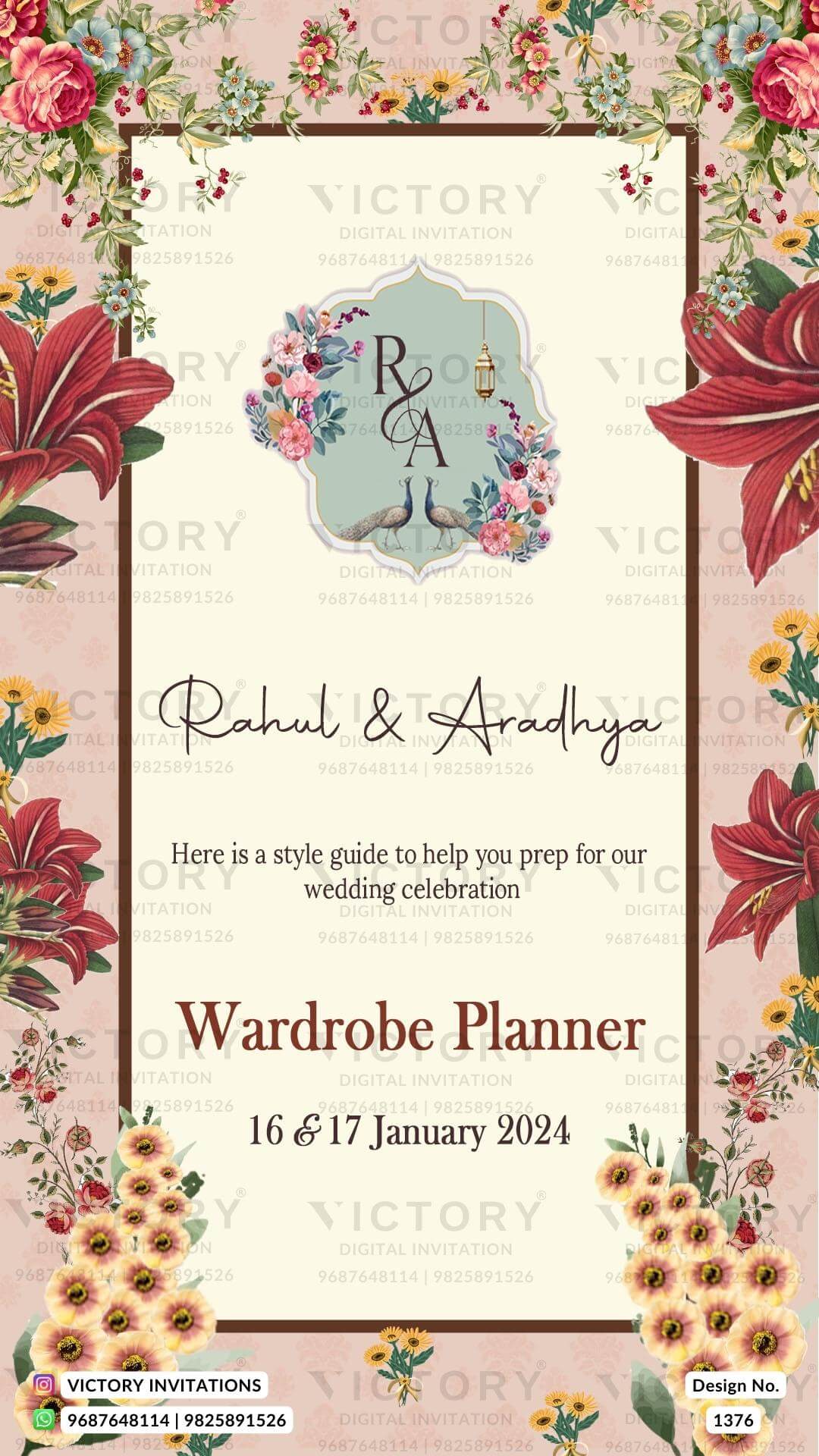Wardrobe planner invitation card in english language with couple doodle, flowers as floral theme design 1376