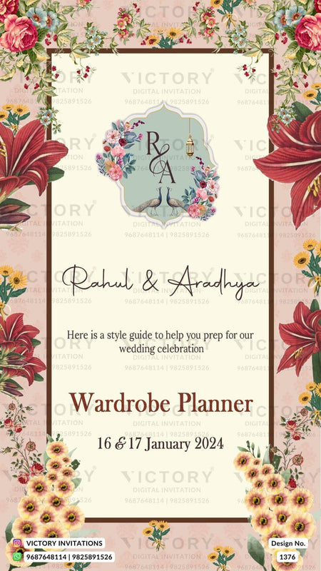 Wardrobe planner invitation card in english language with couple doodle, flowers as floral theme design 1376