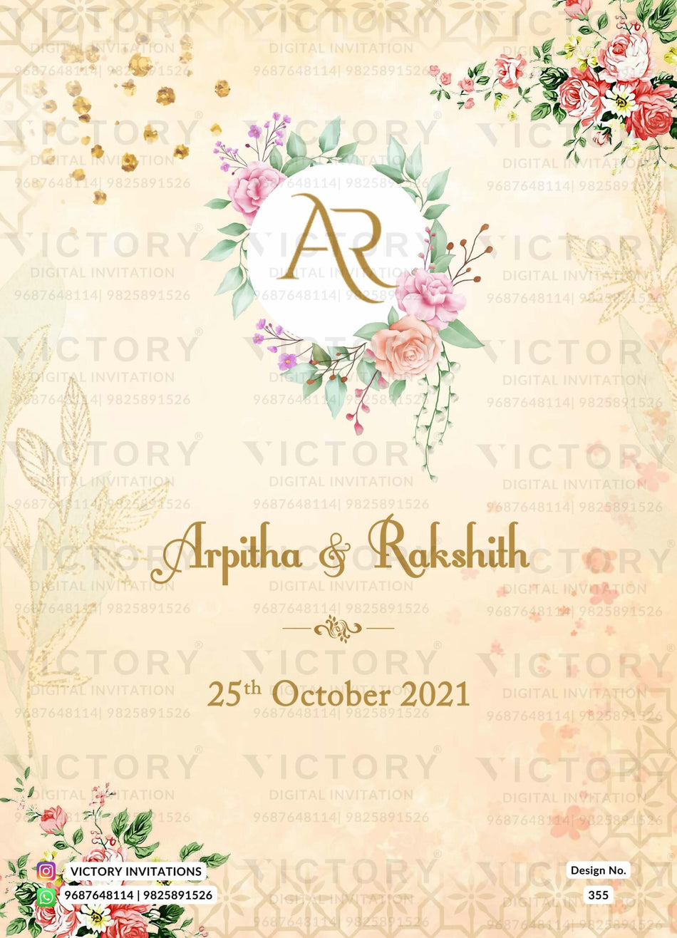Wedding ceremony invitation card of hindu south indian kannada family in English language with floral theme design 355