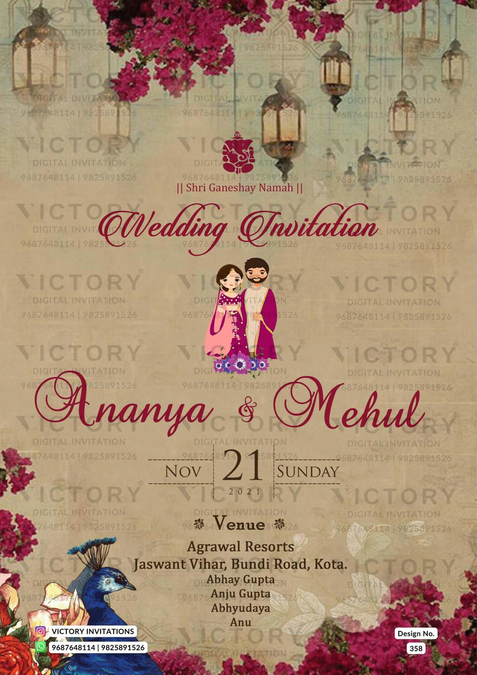 Wedding ceremony invitation card of hindu gujarati marwari family in english language with minimalistic theme design 358
