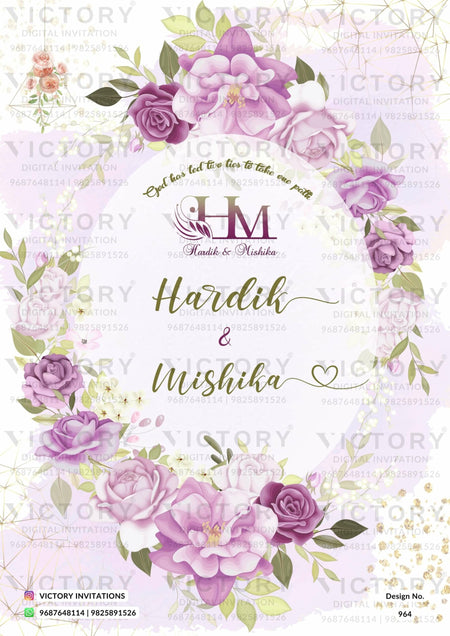 Royal couple caricature invitation card for wedding ceremony of hindu rajasthani rajput family in english language with pastel flowers theme design 964