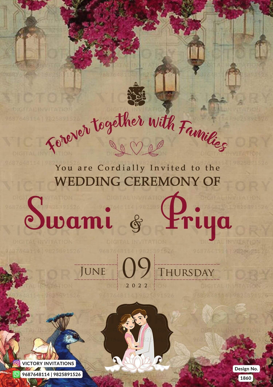 Wedding ceremony invitation card of hindu south indian tamil family in English language with floral theme design 1860