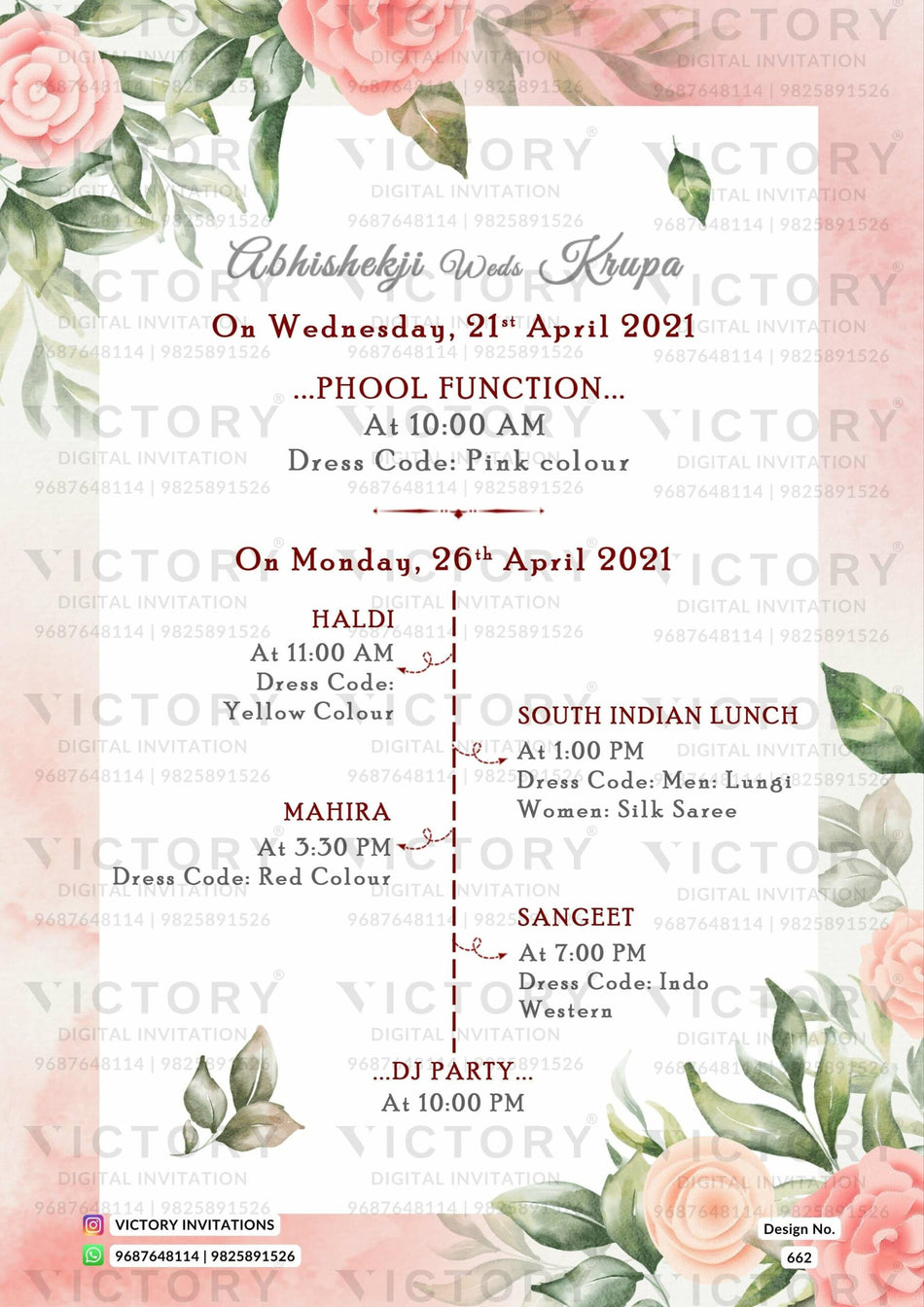 Wedding ceremony invitation card of hindu south indian telugu family in English language with floral theme design 662