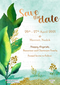 Save the Date card in english language with leaves as glittery theme design 256