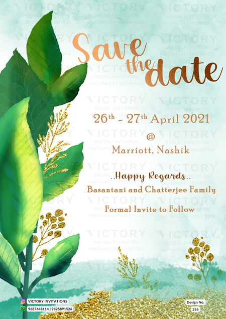 Save the Date card in english language with leaves as glittery theme design 256
