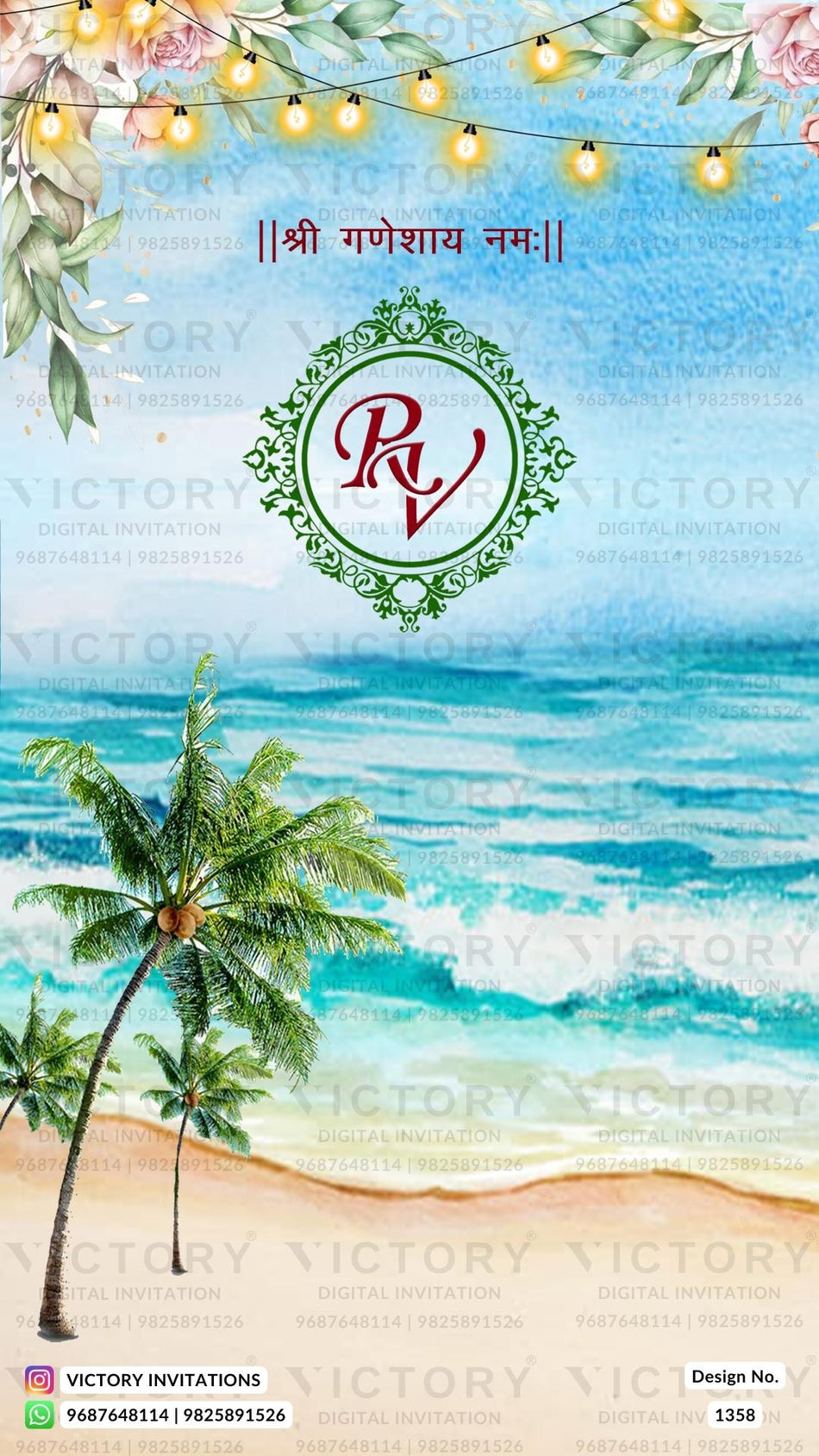 Wedding ceremony invitation card of hindu gujarati patel family in English language with beach theme design 1358