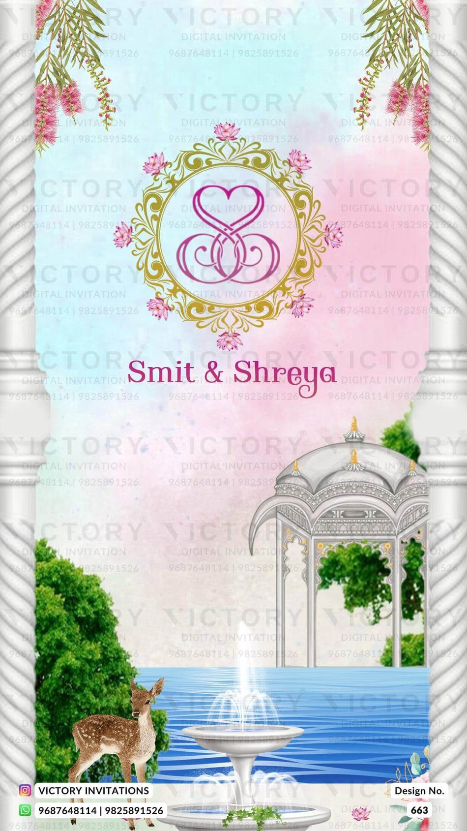 Wedding ceremony invitation card of hindu rajasthani royal family in English language with garden theme design 663