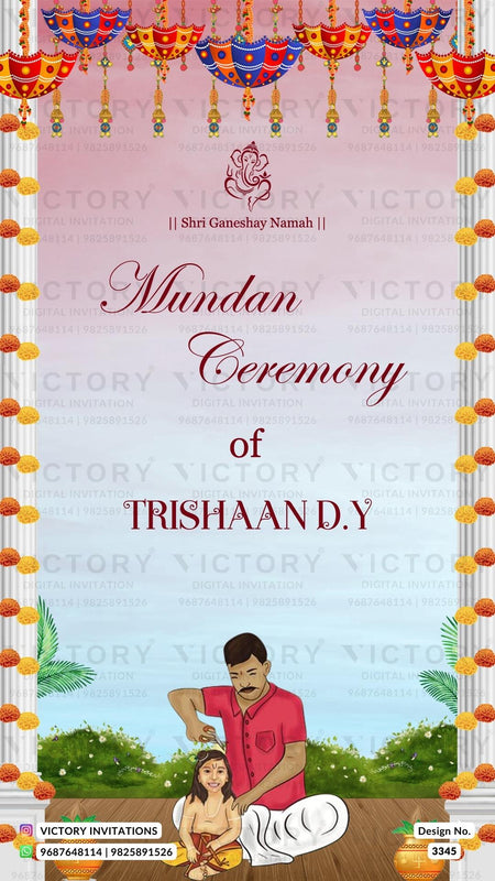 Mundan Ceremony invitation card in english language with umbrella, pillar, doodle, flowers as traditional theme design 3345