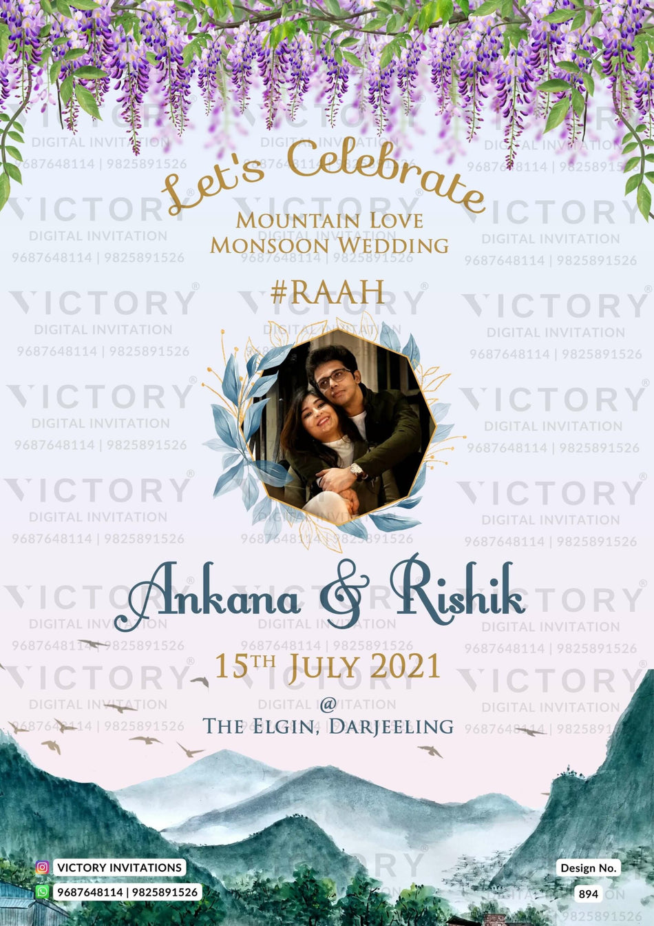 Wedding ceremony invitation card of hindu west bengal bengali family in English language with mountain theme design 894