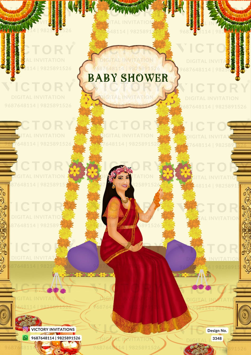 Baby Shower ceremony invitation card in english language with flowers, swing as traditional theme design 3348