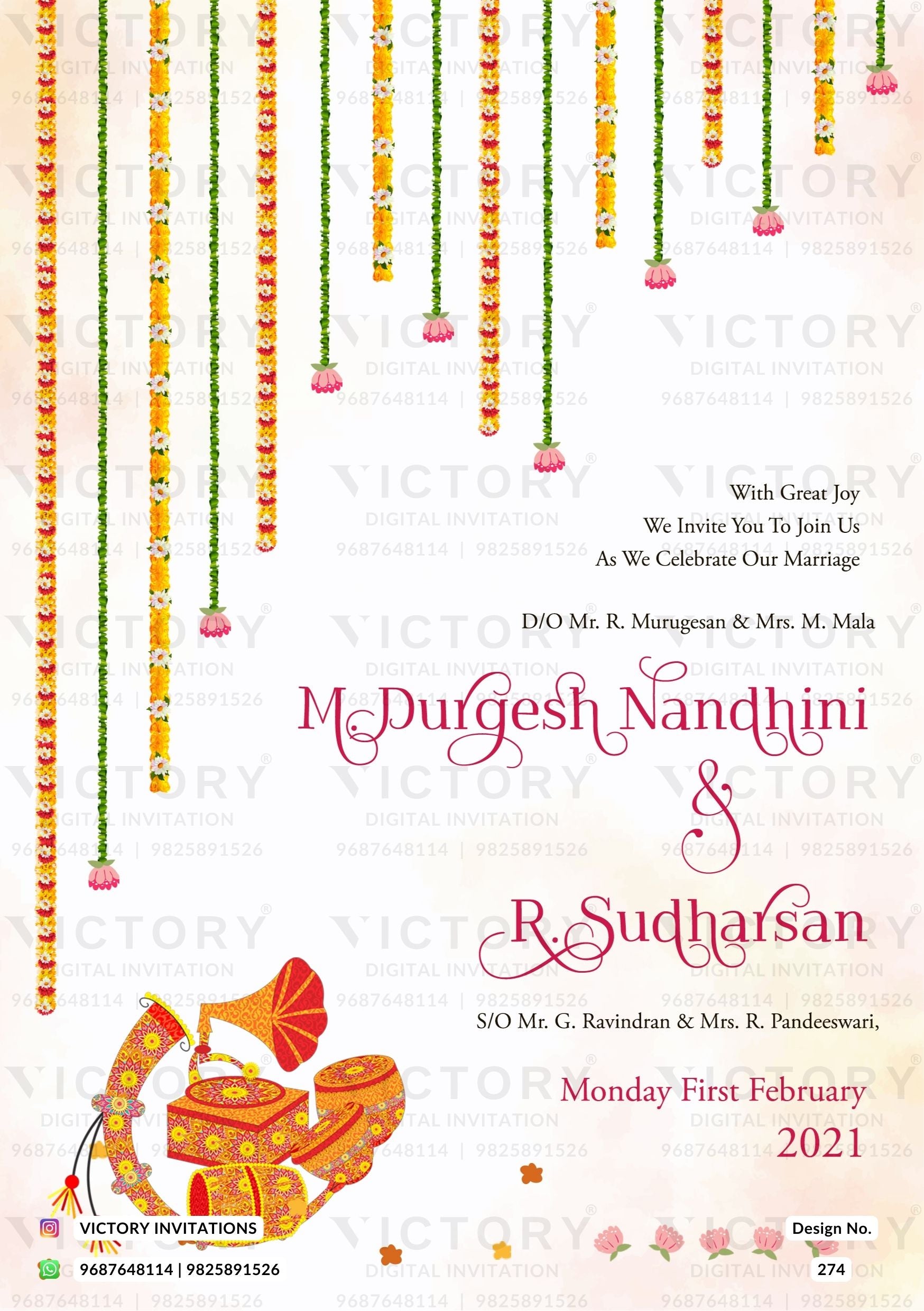 Wedding ceremony invitation card of hindu south indian tamil family in English language with floral theme design 274