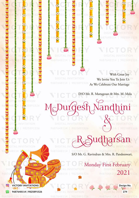 Wedding ceremony invitation card of hindu south indian tamil family in English language with floral theme design 274