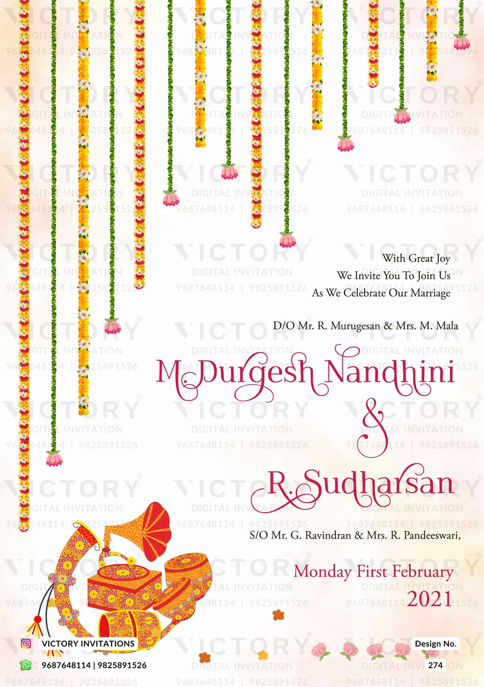Wedding ceremony invitation card of hindu south indian tamil family in English language with floral theme design 274