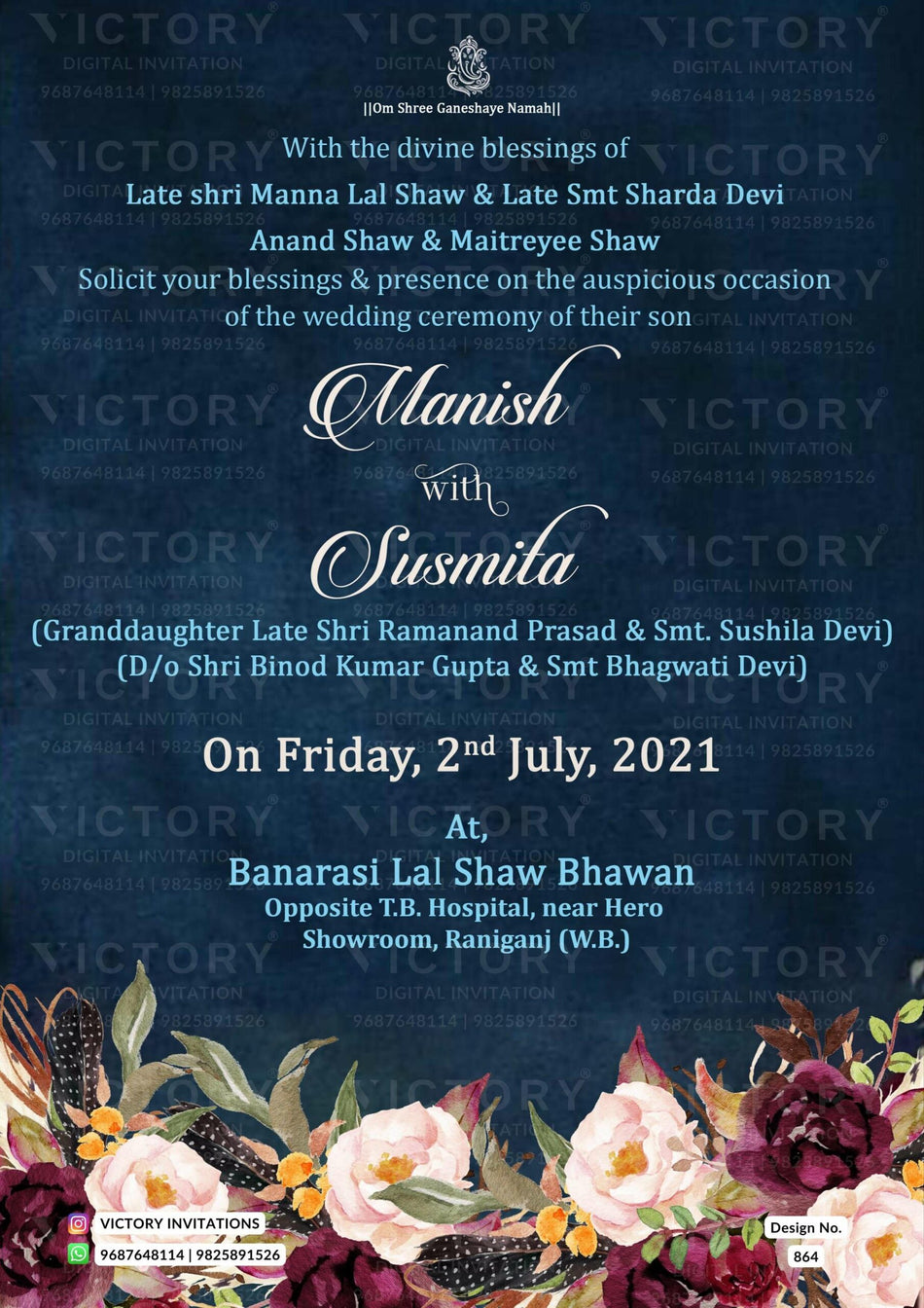 Wedding ceremony invitation card of hindu west bengal bengali family in English language with floral theme design 864