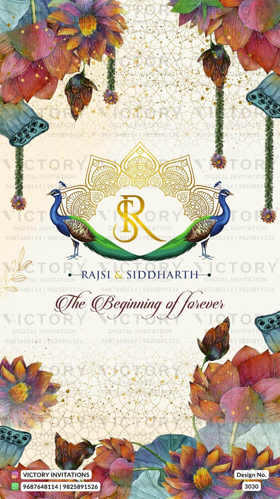 Wedding ceremony invitation card of hindu south indian kannada family in English language with Royal theme design 3030