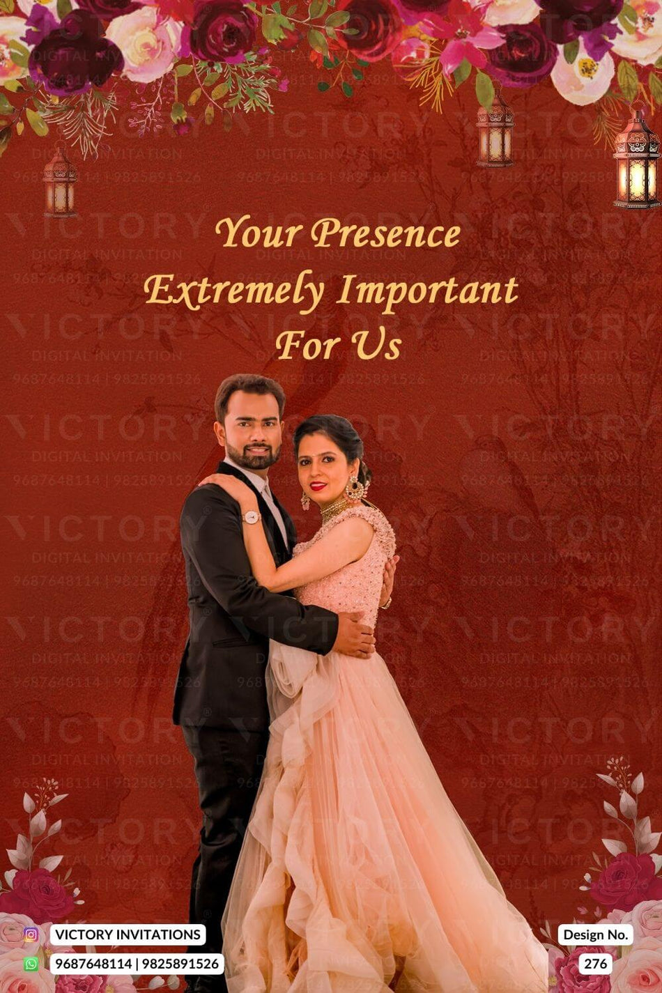 Wedding ceremony invitation card of hindu north indian bhojpuri family in English language with couple photo floral theme design 276