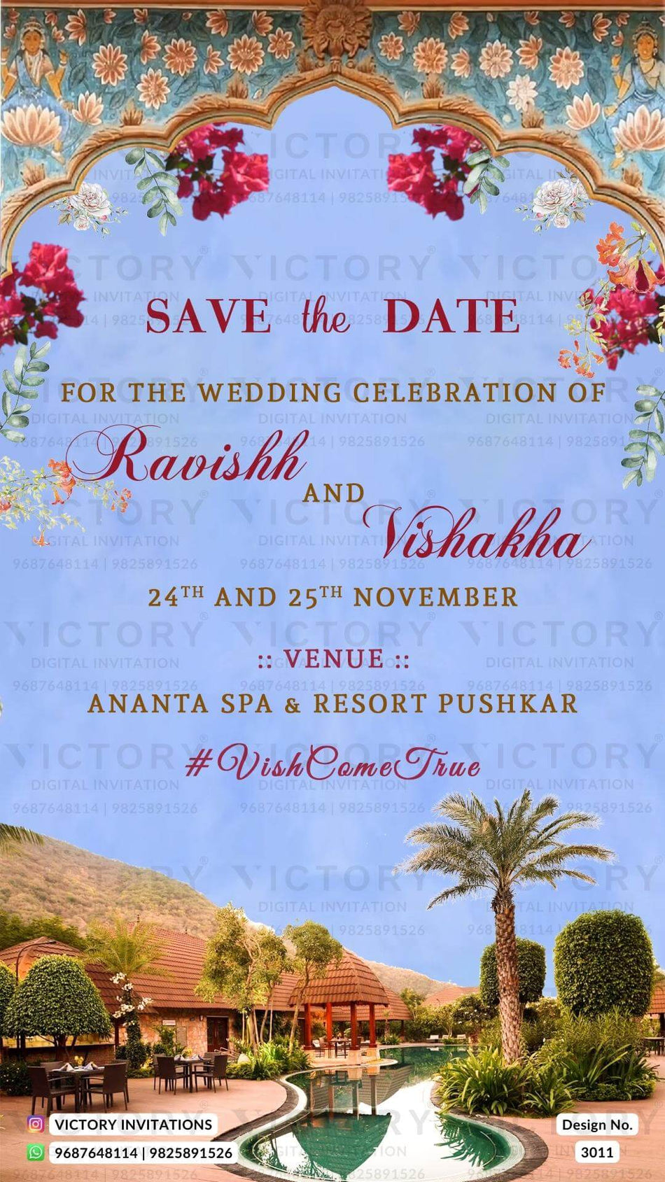 Save the Date card in english language with destination theme design 3011