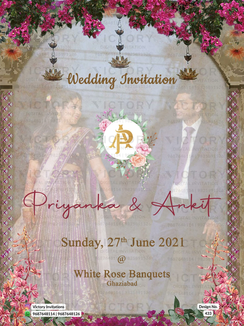 Wedding ceremony invitation card of hindu north indian bhojpuri family in English language with couple photo floral theme design 433
