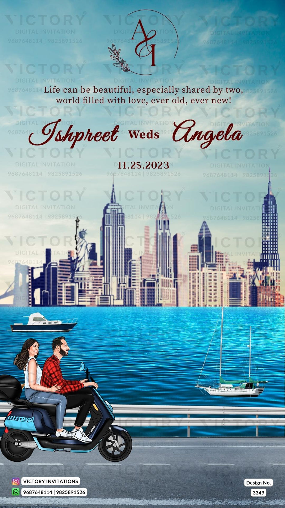 Bollywood couple caricature invitation card for wedding ceremony of hindu maharashtrian marathi family in english language with Mountain design 3349
