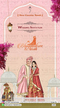 Traditional couple caricature invitation card for wedding ceremony of south indian kannada family in hindi language with arch theme design 2496