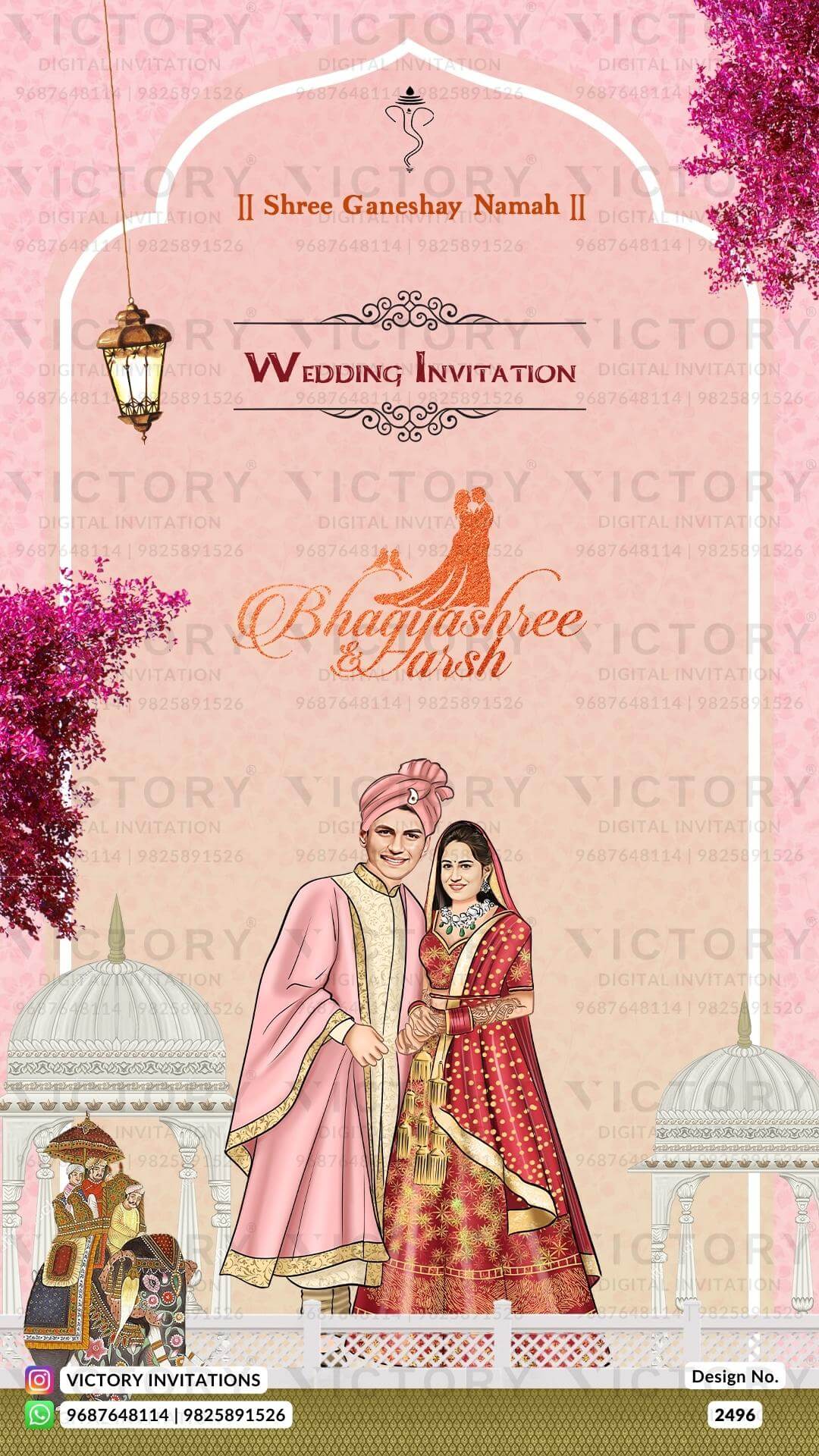 Traditional couple caricature invitation card for wedding ceremony of south indian kannada family in hindi language with arch theme design 2496