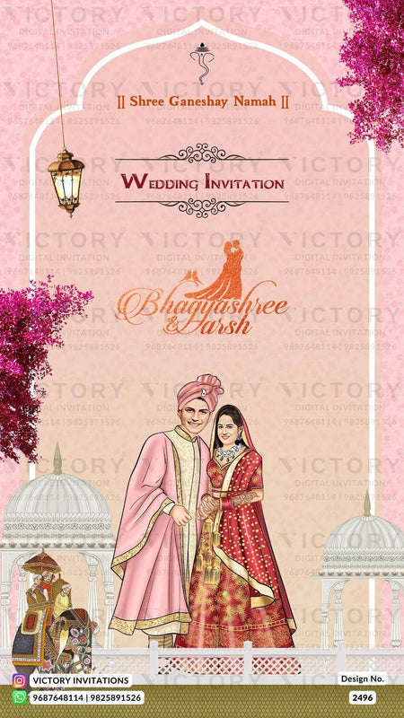 Traditional couple caricature invitation card for wedding ceremony of south indian kannada family in hindi language with arch theme design 2496