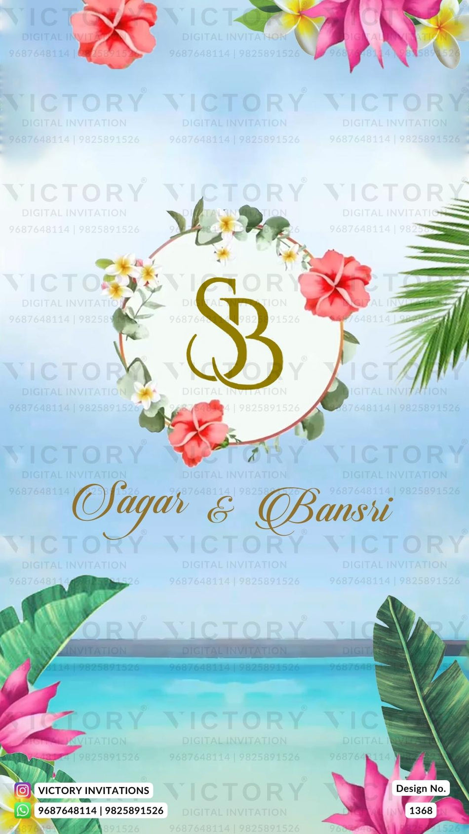 Vibrant and Pastel Shaded Traditional Tropical Theme Indian Digital Wedding Invitations with Classic Indian Wedding Couple Doodle Illustration, Design no. 1368