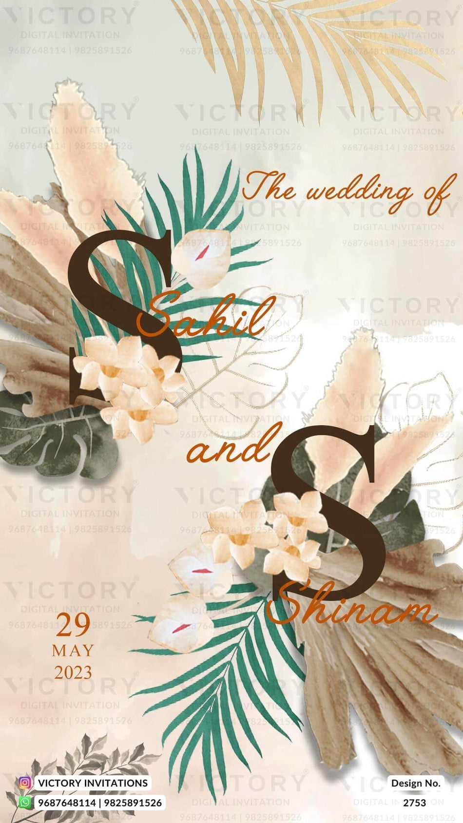 Wedding ceremony invitation card of hindu north indian family in English language with artistic leaves theme design 2753
