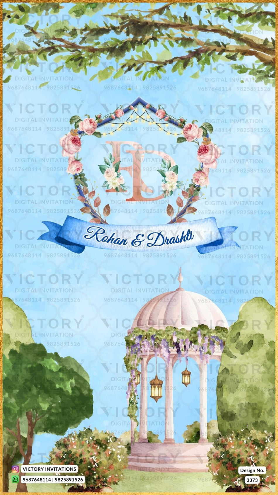 Wedding ceremony invitation card of hindu gujarati patel family in English language with Garden theme design 3373