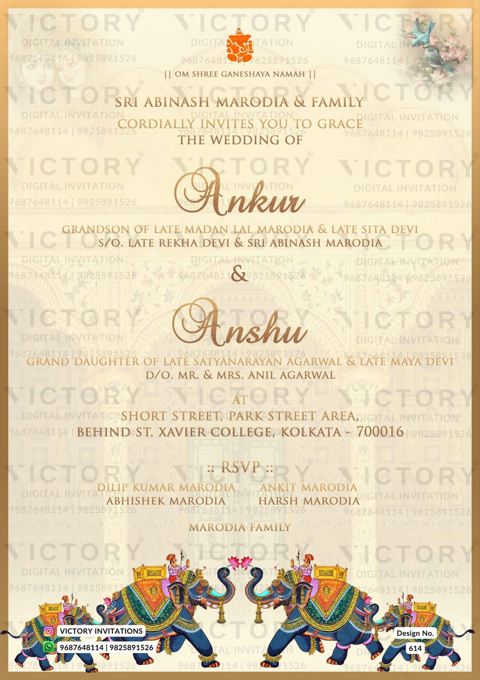 Wedding ceremony invitation card of hindu west bengal bengali family in English language with traditional theme design 614